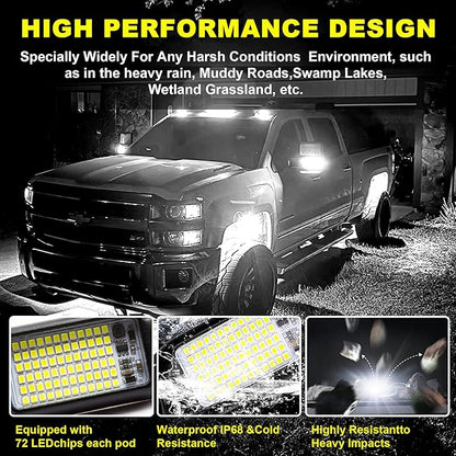 Nicoko 4Pods Pure White 72 Leds SMD Chips 72w High Power Rock Lights Super Bright White Offroad Car Boat Underglow Lights IP68 Waterproof for Truck SUV UTV ATV RZR