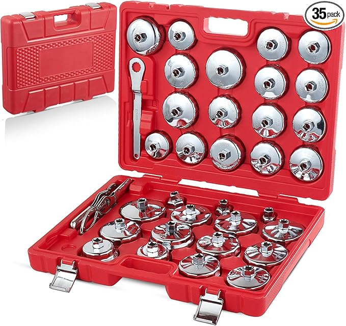 Auto Oil Filter Socket Wrench Set, Cup Type 1/2 inch Drive Cap Removal Tool, with Drain Plug Socket Set/Adjustable/Drive, Compatible, all Models Car, SUV, Oil Filter (35, RED)