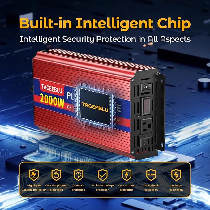 2000W Pure Sine Wave Inverter, 12V DC to 110V/120V AC Power Inverter for RV、Microwave、Off Grid、Truck、Refrigerator、with 2 AC outlets and LCD Display