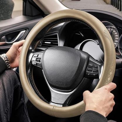 【2025 Model】 High-Grade Real Cowhide Steering Wheel Cover for Men Women，Beige Genuine Leather Steering Wheel Cover for Cars,Universal 14.5-15 inch Steering Wheels,Grid & Square Motif