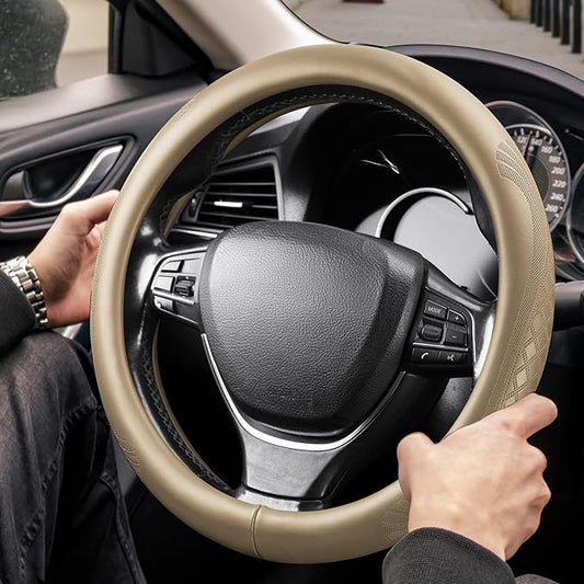 【2025 Model】 High-Grade Real Cowhide Steering Wheel Cover for Men Women，Beige Genuine Leather Steering Wheel Cover for Cars,Universal 14.5-15 inch Steering Wheels,Grid & Square Motif
