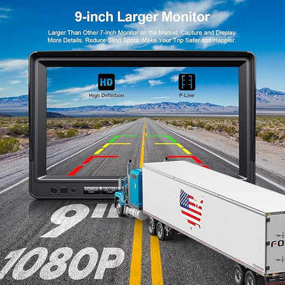 Fookoo HD 1080P 9" Wireless Backup Camera System, 9-inch Dual/Quad Split Monitor w/Recording, Supports 4 Cameras, IP69 Waterproof Rear View Cam Parking Lines 32GB SD Card for RV/Trailer/Truck(DW901)
