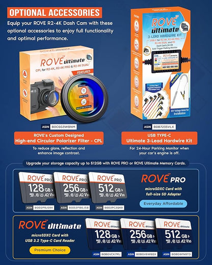 ROVE R2-4K Dash Cam Built-in WiFi 6 GPS Car Dashboard Camera Recorder with UHD 2160P, 2.4" IPS Screen, 150° Wide Angle, WDR, Night Vision