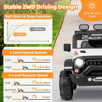 Costzon Kids Ride on Truck, 12V Electric Ride on Car with Remote Control, 3 Speed & Spring Suspension, Wireless Connection, USB, Music, Light, Kids Ride on Toys for Boys Girls (White)