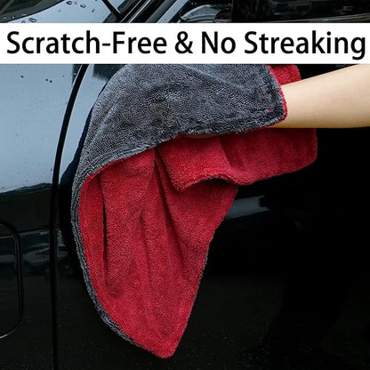 LIVOS Car Drying Towel, Premium Microfiber Towels for Cars, 1000GSM, Edgeless Twisted Loop Design, No Streaks, Scratches, or Water Spot, Absorbent Wash Towel, 18" x 24" (Red&Grey)