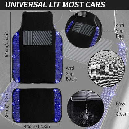 NBTEPEM Blue Bling Car Floor Mats Full Set, Universal Fit Most Cars,SUV, Trucks, 4 pcs Sparkle Glitter Diamond Carpet for Women Girls with Anti-Slip Pad (Blue Diamond)