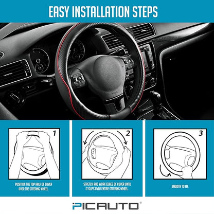 PIC AUTO Steering Wheel Cover, Red Piping Leather, Sports Carbon Fiber and Super Breathable Leather, Universal 14.5-15.5 Inch Anti-Slip Steering Wheels Accessories for Men & Women