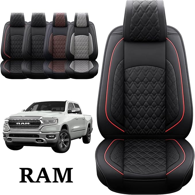 JOJOBAY Car Seat Covers for Dodge Ram 2 Pcs Front,Fit Ram 2009-2025 1500/2500/3500 Pick-up Truck,Crew,Regular,Quad,Mega Cab,Waterproof Leather Seat Covers Protectors（2 PCS Front,Black/Red）