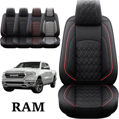 JOJOBAY Car Seat Covers for Dodge Ram 2 Pcs Front,Fit Ram 2009-2025 1500/2500/3500 Pick-up Truck,Crew,Regular,Quad,Mega Cab,Waterproof Leather Seat Covers Protectors（2 PCS Front,Black/Red）