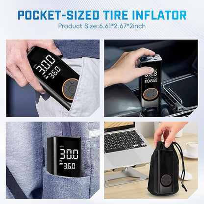 Tire Inflator Portable Air Compressor, 150PSI Cordless Air Pump for Car Tires, 4X Faster 12V DC Tire Pump with Tire Pressure Gauge, LED Light for Cars, Motorcycles, Bikes, Balls (Black)