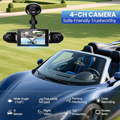 Dash Cam 4 Channel 360° Coverage - Front 4K + Triple 1080P HD Car Camera Built-in WiFi Car Camera with App, G-Sensor/Night Vision/Parking Mode/Loop Recording Free 64GB SD Card