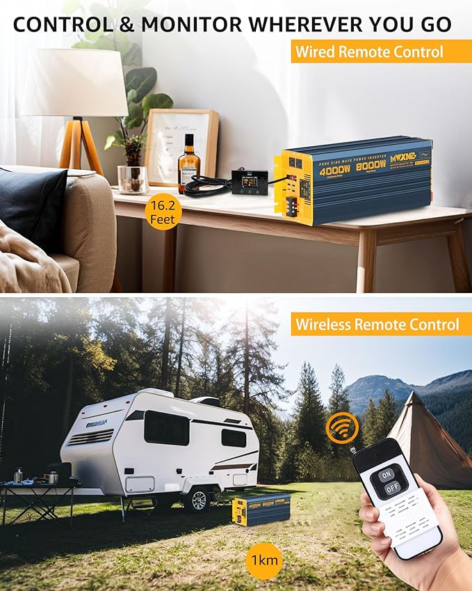 4000W Pure Sine Wave Power Inverter DC 24V to AC 110V 120V for Home RV with Dual AC Outlets 1 USB-C(60W) 3 USB-QC3.0 Fast Car Charger Adapter, LCD Display and Remote Control