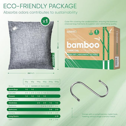 Activated Charcoal Odor Absorber, Large 500g w Hooks Nature Odor Remover for Strong Odor, Bamboo Charcoal Air Purifying Bags, Odor Eliminator for Home Car Closet Pet, Smoke Deodorizer