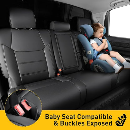 Super Cover for Toyota Tundra Seat Covers 2014-2021(CrewMax only), Full Covered Black Seat Protectors Pickup Truck Leather Seat Cover Set for Tundra 2021 2020 2019 2018 2017 2016 2015 2014 Accessories
