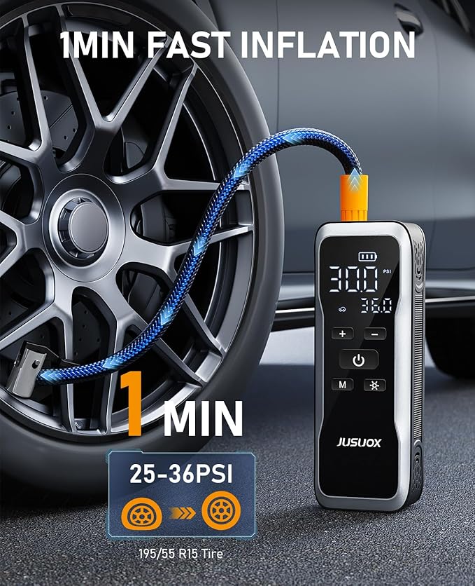 Tire Inflator Portable Air Compressor, Air Pump for Car Tires 150PSI Cordless with Battery and 12V DC, Electric Bike Pump with Pressure Gauge, Auto Shutoff, for Ball, Motorcycle Accessories