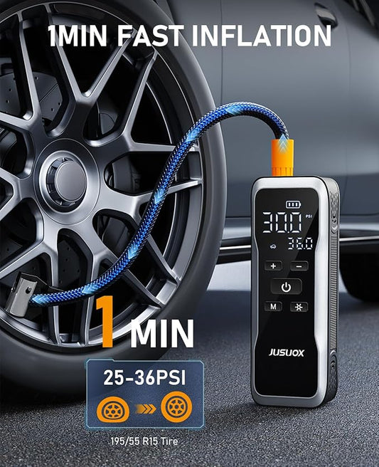 Tire Inflator Portable Air Compressor, Air Pump for Car Tires 150PSI Cordless with Battery and 12V DC, Electric Bike Pump with Pressure Gauge, Auto Shutoff, for Ball, Motorcycle Accessories
