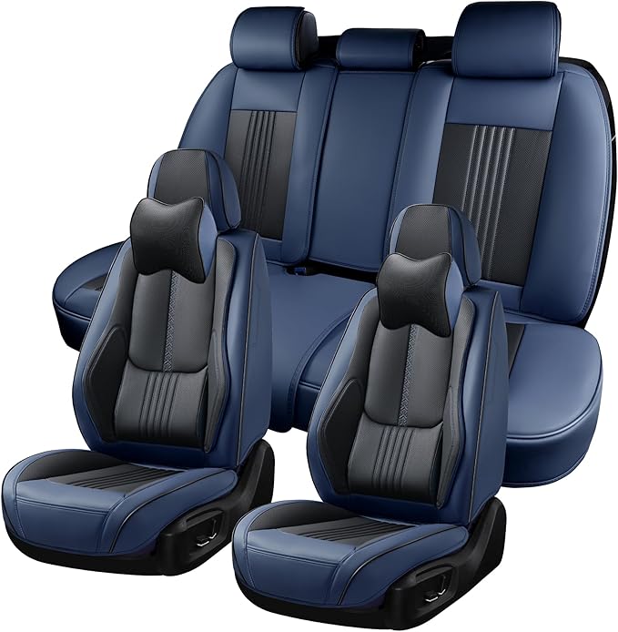Car Seat Covers Full Set, Front and Rear Seat Covers for Cars, Waterproof Leather Auto Seat Protectors with Head Pillow, Car Seat Cushions Fit for Most Sedans SUV Pick-up Truck, Black&Navy