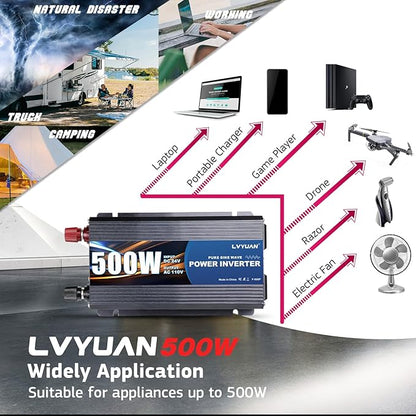 LVYUAN 500 Watt Pure Sine Wave Power Inverter 24V to 110V/120V DC to AC Converter with Dual Sockets, Dual USB Ports, LED Display for Home Outdoor RV Car Power Inverter Power Adapter