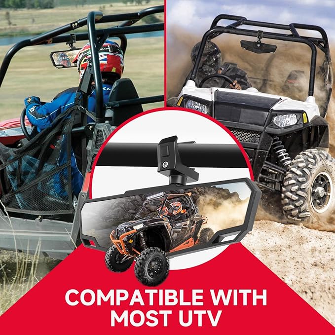 DREAMIZER UTV Rear View Mirror, 360°Adjustable Angle for 1.5" to 2.0 inch Round Roll Cage,Aluminum Clamp Convex Center Mirror Compatible with Polaris RZR General KRX Mule Can Am