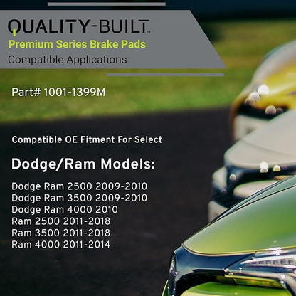 Premium Semi-Metallic Front Brake Pads (1001-1399M) Compatible with Dodge Ram 2500 2010-2009, Ram 3500 2010-2009, Ram 4000 2010, Ram 2500 2018-2011, 3500 2018-2011, 4000 2014-2011