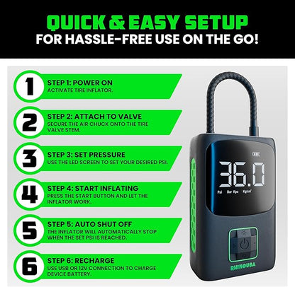 Rhino USA Tire Inflator Portable Air Compressor (150 PSI) Upgraded Air Pump for Car Tires with Digital Pressure Gauge - Best Mini Air Pump for Bike Tires with Dual LCD Screen (Black & Green)