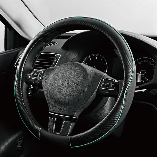 PIC AUTO Steering Wheel Cover, Mint Piping Leather, Sports Carbon Fiber and Super Breathable Leather, Universal 14.5-15.5 Inch Anti-Slip Steering Wheels Accessories for Men & Women