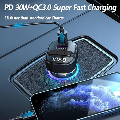 Bluetooth 5.3 FM Transmitter for Car, Bluetooth Car Adapter with Type-C PD(30W) Charger and QC3.0 USB Port, Wireless FM Radio Transmitter, Support MP3 Player, Handsfree Calling, Backlit,U Disk, Grey