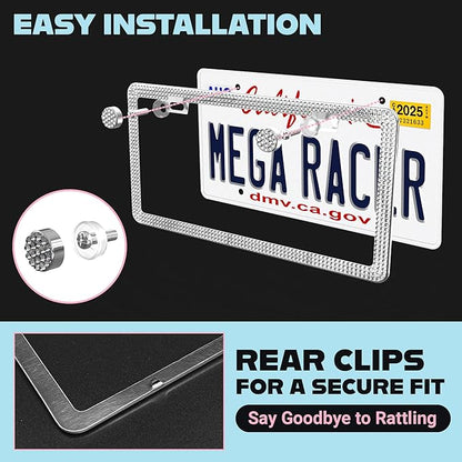 Dazzling Bling License Plate Frames for Women - 2 Pack, 1600 Premium Rhinestones, Rust-Free Stainless Steel, Street Legal Slim Design, Sparkly Diamond Car Tag Holders with Glitter Crystal Screw Covers