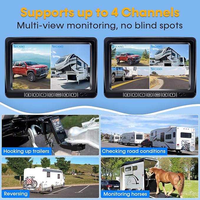 Dual RV Backup Camera Wireless for Trailer: Easy Setup Solar RV Rear View Camera with 7-inch Recording Monitor - 4 Channels Strong Magnetic HD 1080P Long-Battery Life for Camper, Truck, Fifth Wheel