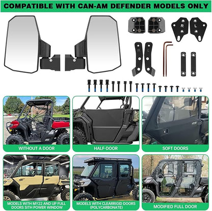 Defender Side Mirrors,The Spring Back Feature Allows Easy Reset After Fold,2024 New UTV Mirrors Compatible with Can Am Defender HD10 HD9 HD8 HD7 HD5,Suitable for No Door,Half Door,Full Door