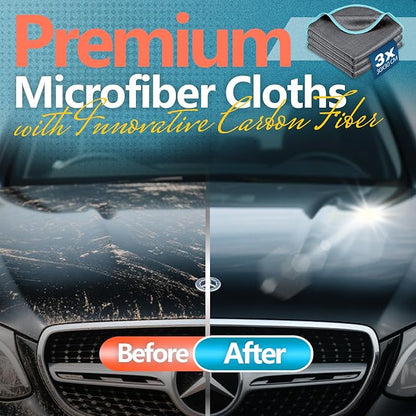 Airlab Carbon Microfiber Towels for Car Glass Window Polishing Cleaning Cloth Auto Detailing Lint Free Streak Free Drying Car Wash Towel, Pack of 3, 12" x 12", Grey-Blue