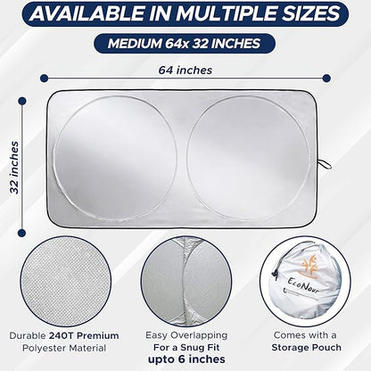 EcoNour Car Windshield Sunshade | Blocks 99% Heat & Keeps Interior Cool | Universal Fits Cars, SUVs, Trucks | Automotive Sun Screen, Visor & Car Accessories for Summer | Medium (64x32 Inches)