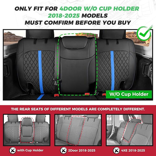 for Jeep Wrangler Seat Covers 4Door JL 2018 2019 2020 2021 2022 2023 2024 2025, Custom Car Seat Cover Full Set, Luxury Waterproof Leather Seat Protectors, Black Blue Trim, W/O Rear Cup Holder