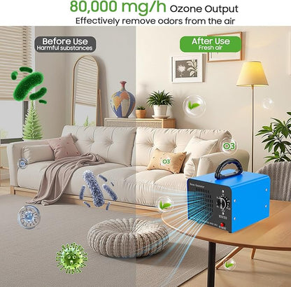Ozone Generator Machine 80,000mg/h, High Capacity Ozone Odor Eliminator Removal Air Purifier for Home Car Pet & Basement Odor, Suitable for Spaces up to 7,000 Square Feet, Blue