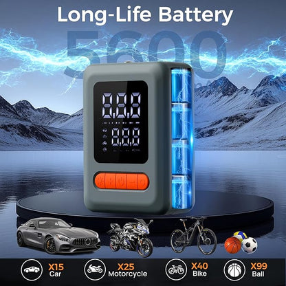 Tire Inflator Portable Air Compressor, Cordless Air Pump with LED Light & Pressure Gauge for Auto, Motorcycles, Bikes, Balls, Emergency Phone Charger