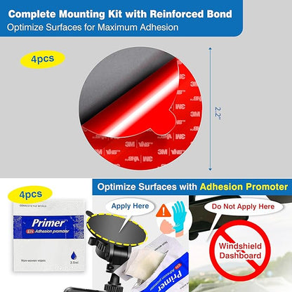Double-Sided Adhesive Pads for Dash Cam Mount – Made with 3M VHB, 4-Pack 2.2" Round Heat-Resistant Sticky Tape for Windshield, Dashboard, GPS, and Camera Holders – Includes 4 Adhesion Promoter