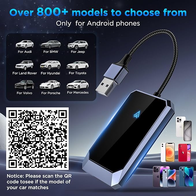 Android Auto Wireless Adapter for Factory Wired Android Auto - Instant Connection, Converts Wired to Wireless, Compatible with Android 10+ & Cars from 2015