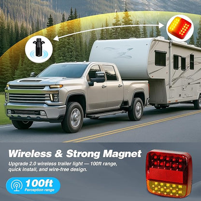Wireless Magnetic Trailer Lights – Rechargeable LED Trailer Light Kit with Turn, Brake, Stop Lights, No Wiring Needed - Portable Wireless Lights for Truck, RV, Boat, Camper, Caravan, Utility Trailers
