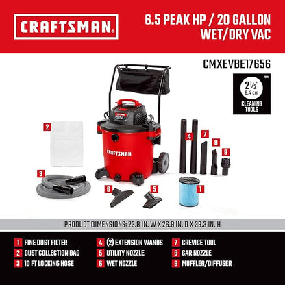 CRAFTSMAN CMXEVBE17656 20 Gallon 6.5 Peak HP Wet Dry Vac with Cart, Heavy-Duty Shop Vacuum Wet and Dry with Fine Dust Filter, Dust Bag, Hose and Attachments for Shop, Garage, Jobsite Cleaning