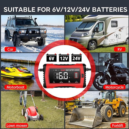 16-Amp Battery Charger, 6V/12V/24V Smart Car Battery Charger, Automotive Battery Maintainer, Trickle Charger for Car, SUV, Motorcycle, Boat, Lead-Acid, Lithium, LiFePo4 Battery