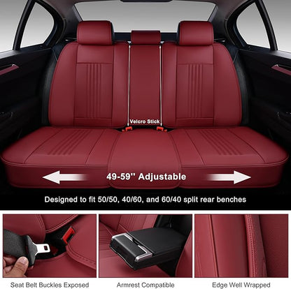 Car Seat Covers Full Set, Front and Rear Seat Covers for Cars, Waterproof Leather Auto Seat Protectors with Head Pillow, Car Seat Cushions Fit for Most Sedans SUV Pick-up Truck, Wine Red