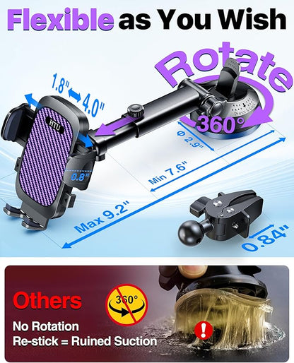 HTU 2025 Best Car Phone Holder 【Ultimate 5-in-1 & Upgraded 100+LBS Strongest Suction】【True Military-Grade & Safety Cert】 360° Windshield Dashboard Vent Mount Stand for iPhone Android & Truck, Purple