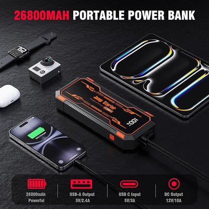 Car Jump Starter 6000A Car Battery Jump Starter Portable,12V Battery Jumper Starter Portable(10.0L Gas/8.0L Diesel),LCD Display Jump Box Jump Starter Battery Pack with Jumper Cable&Flashlight-Orange