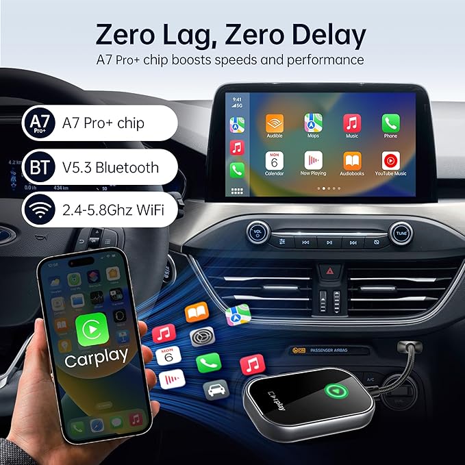 Wireless CarPlay Adapter for iPhone, Converts Wired to Wireless CarPlay Dongle 2024 Upgrade Zero Latency Plug & Play fit for Cars from 2017 & iOS 10+