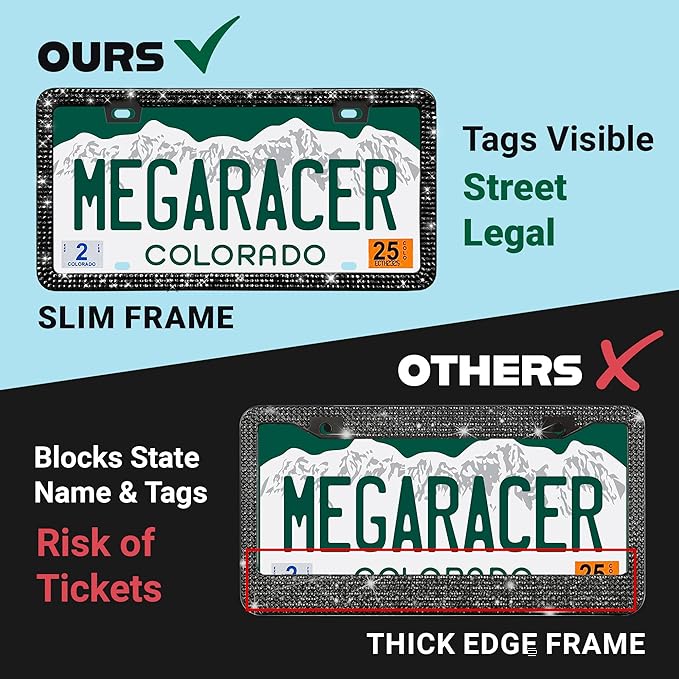 Elegant Bling License Plate Frames for Women - 2 Pack, 1600 Premium Black Rhinestones, Rust-Free Stainless Steel, Street Legal Slim Design, Sparkly Diamond Car Tag Holders with Glitter Crystal Covers