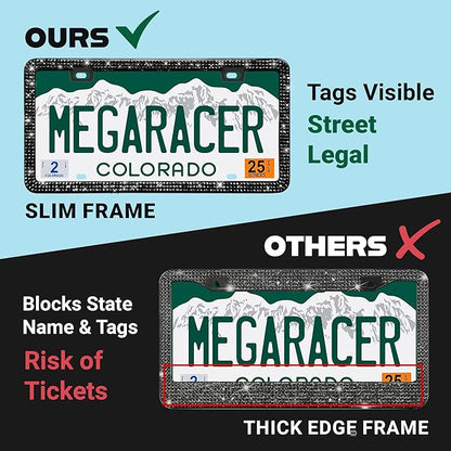 Elegant Bling License Plate Frames for Women - 2 Pack, 1600 Premium Black Rhinestones, Rust-Free Stainless Steel, Street Legal Slim Design, Sparkly Diamond Car Tag Holders with Glitter Crystal Covers