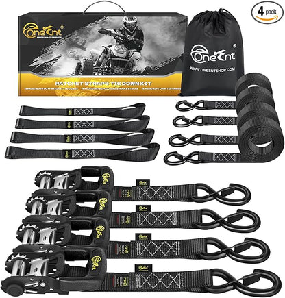 4Pcs Ratchet Strap Tie Down Kit | 1.6”x 10FT Heavy Duty Ratchet Straps with Padded Handles+Coated S Hooks+Soft Loop Tie-Downs -6000 Pound Break Strength