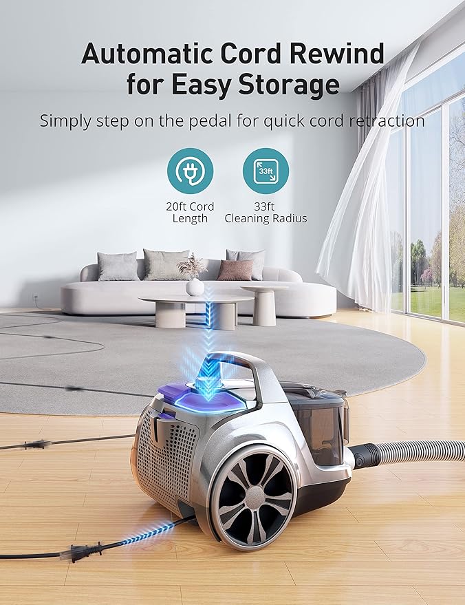 Aspiron Canister Vacuum, Upgraded 1600W Bagless Canister Vacuum Cleaner, Auto Cord Rewind, H13 HEPA Filter, 3.7Qt Large Capacity, 5 Tools for Hard Floors, Carpet, Pet, Upholstery, Tiles, Car, Violet