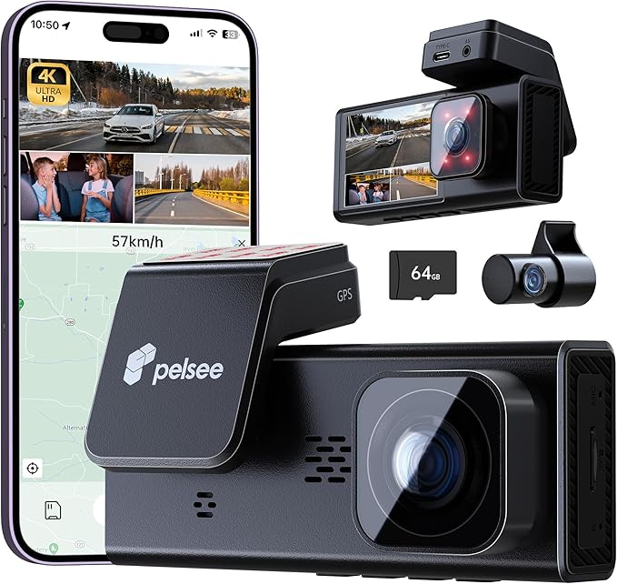Pelsee 4K 3 Channel Dash Cam Front and Rear Inside, Dash Camera for Cars, 4K+1080P+1080P Dashcam with APP & WiFi, 64GB Card Included, Smart Driving System ADAS DMS, 24H Parking Mode,G-Sensor,256GB Max