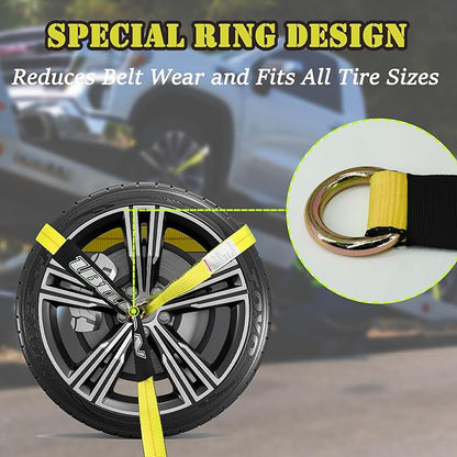 4 Pack Car Tie Down Straps for Trailers - 2" x 96" - 3,300 lbs Safe Working Load -Adjustable Wheel Straps for Hauling Cars.Yellow